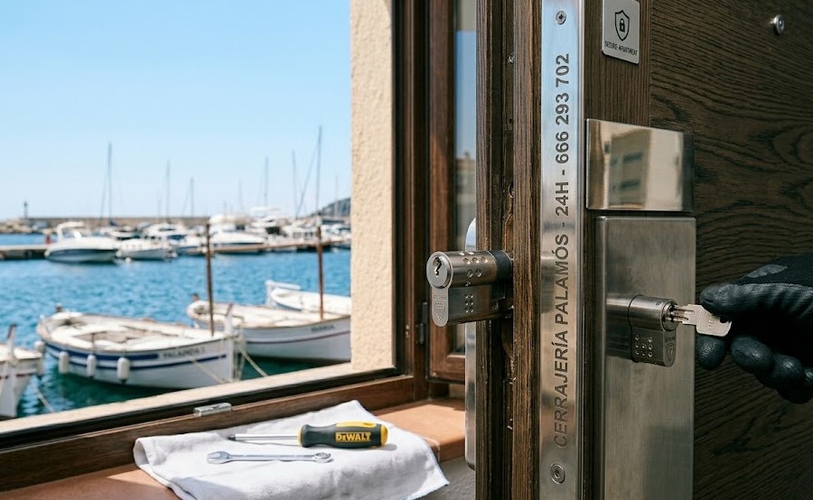 Especialista instalando cerradura de alta seguridad en apartamento en Palamós